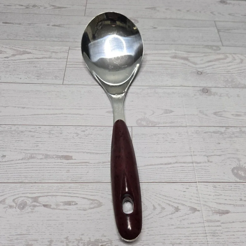 Stainless Steel Serving Spoon Marbled Burgundy Handle Riveted Kitchen Utensil